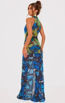 Blue Print Mesh Extreme Cut Out Maxi Dress