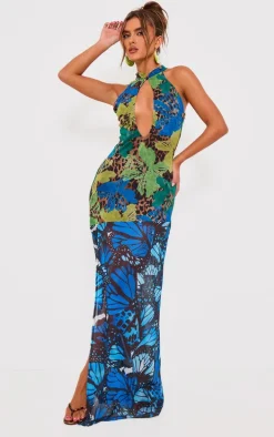 Blue Print Mesh Extreme Cut Out Maxi Dress