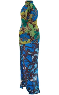 Blue Print Mesh Extreme Cut Out Maxi Dress