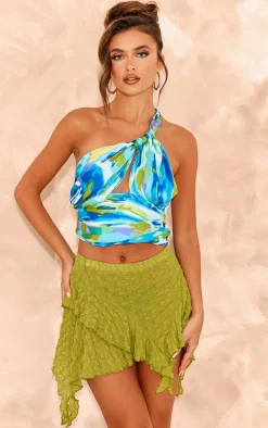 Blue Printed Cut Out Asymmetric Crop Top