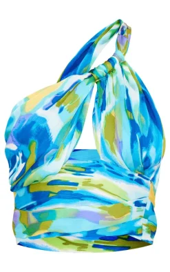 Blue Printed Cut Out Asymmetric Crop Top