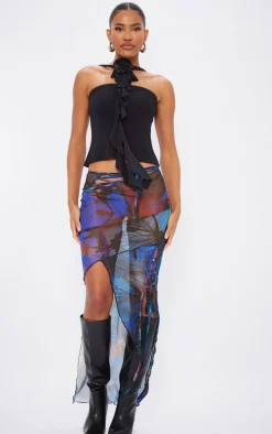 Blue Printed Mesh Asymmetric Hem Maxi Skirt