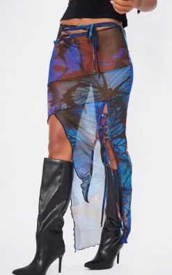 Blue Printed Mesh Asymmetric Hem Maxi Skirt