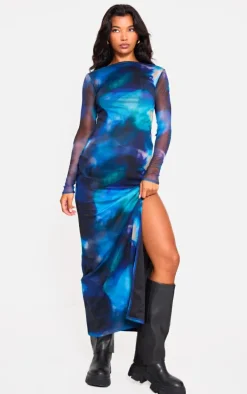 Blue Printed Mesh Long Sleeve Maxi Dress