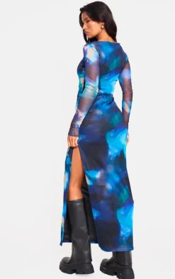 Blue Printed Mesh Long Sleeve Maxi Dress