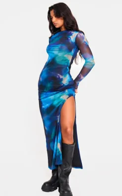 Blue Printed Mesh Long Sleeve Maxi Dress