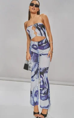 Blue Printed Ring Detail Burn Out Mesh Flared Jumpsuit