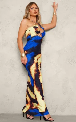 Blue Printed Soft Touch Halter Neck Cut Out Maxi Dress