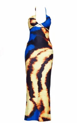 Blue Printed Soft Touch Halter Neck Cut Out Maxi Dress