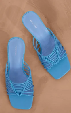 Blue PU Square Toe Knotted Heeled Mules