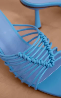Blue PU Square Toe Knotted Heeled Mules