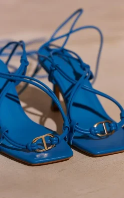 Blue PU Square Toe Metal Trim Cross Over Lace Up Heeled Sandals