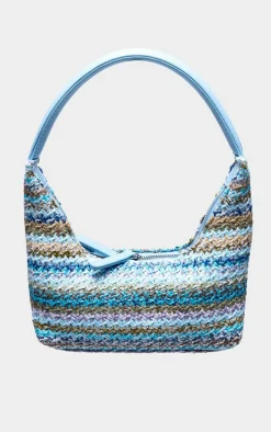Blue Raffia Curved Handle Shoulder Bag