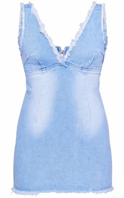 Blue Raw Edge Detail Plunge Denim Mini Dress