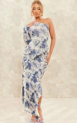 Blue Renaissance Print Acetate Slinky One Shoulder Frill Detail Maxi Dress