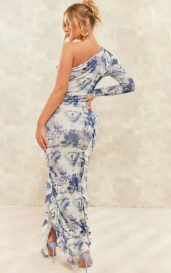 Blue Renaissance Print Acetate Slinky One Shoulder Frill Detail Maxi Dress