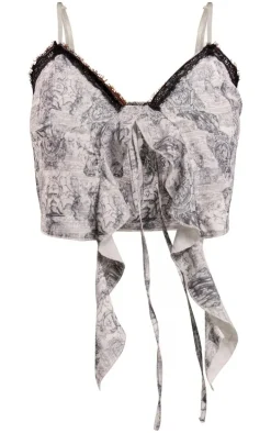 Blue Renaissance Woven Frill Split Lace Trim Front Cami Top