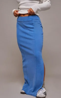 Blue Ribbed Pocket Back Detail Maxi Skirt