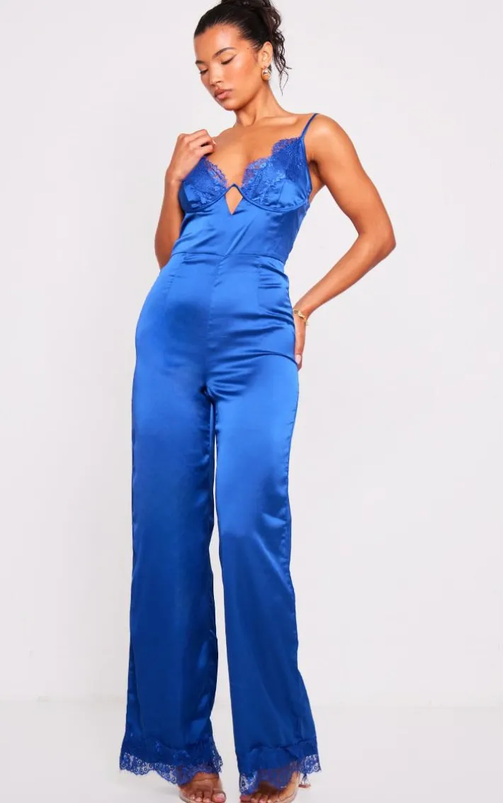 Blue Satin Lace Trim Detail Jumpsuit
