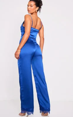 Blue Satin Lace Trim Detail Jumpsuit