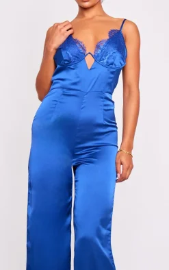 Blue Satin Lace Trim Detail Jumpsuit