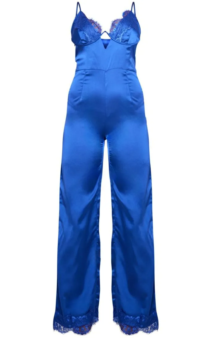 Blue Satin Lace Trim Detail Jumpsuit