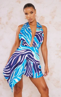 Blue Satin Zebra Print Skater Dress