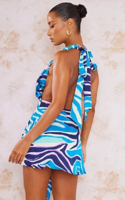 Blue Satin Zebra Print Skater Dress