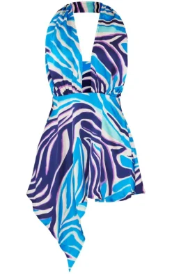 Blue Satin Zebra Print Skater Dress