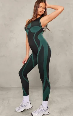 Blue Seamless Contrast Jacquard Strappy Back Unitard