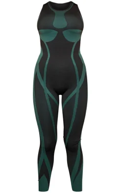 Blue Seamless Contrast Jacquard Strappy Back Unitard