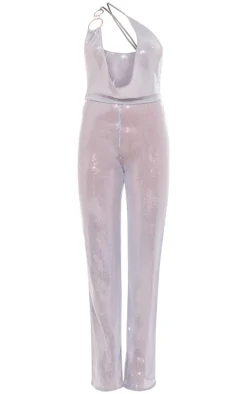 Blue Sequin Cowl Neck Ring Detail Jumpsuit