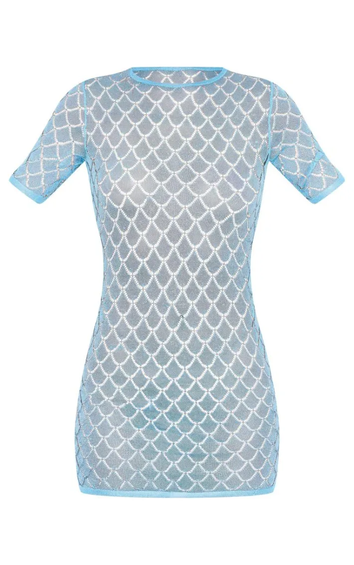 Blue Sheer Glitter Knit Mini Dress