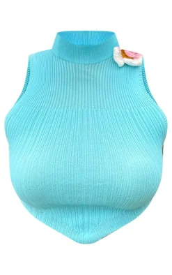 Blue Soft Rib Knit Floral Applique Racer Neck Top