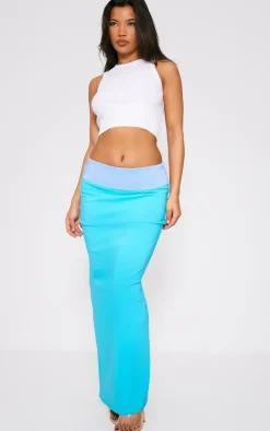 Blue Stretch Woven Foldover Detail Maxi Skirt