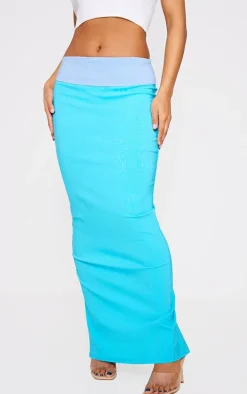 Blue Stretch Woven Foldover Detail Maxi Skirt