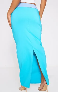 Blue Stretch Woven Foldover Detail Maxi Skirt