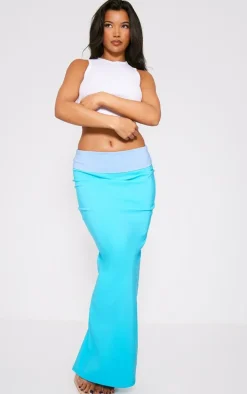 Blue Stretch Woven Foldover Detail Maxi Skirt