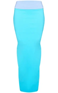 Blue Stretch Woven Foldover Detail Maxi Skirt