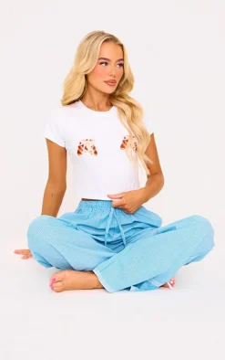 Blue Stripe Croissant Bow Long Pant Lace Detail Set