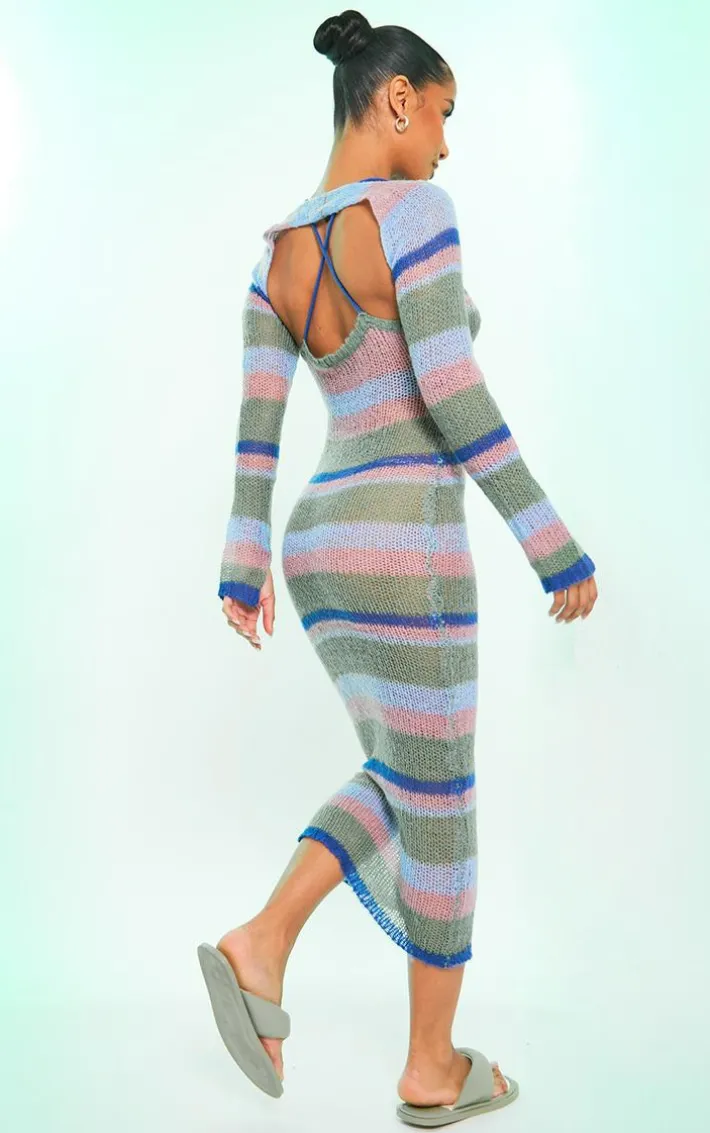 Blue Stripe Open Knit Maxi Dress & Sleeves