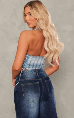 Blue Stripe Print Twill Halter Lace Up Top