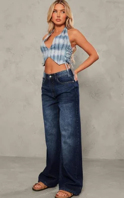 Blue Stripe Print Twill Halter Lace Up Top