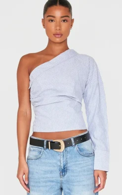 Blue Striped Asymmetric Cinched Blouse