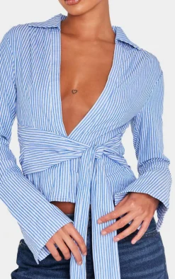 Blue Striped Cinched Tie Waist Shirt