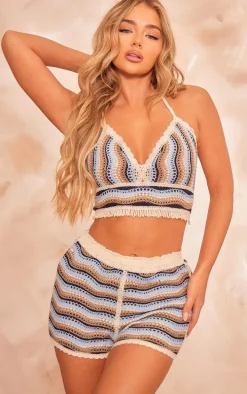 Blue Striped Crochet Knit Mini Shorts