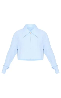 Blue Striped Zip Up Cropped Shirt