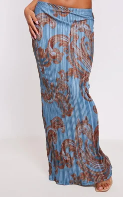 Blue Swirl Printed Plisse Maxi Skirt