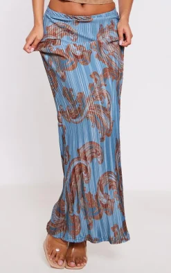 Blue Swirl Printed Plisse Maxi Skirt