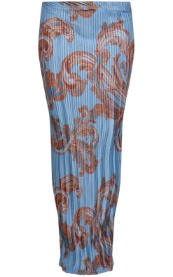 Blue Swirl Printed Plisse Maxi Skirt